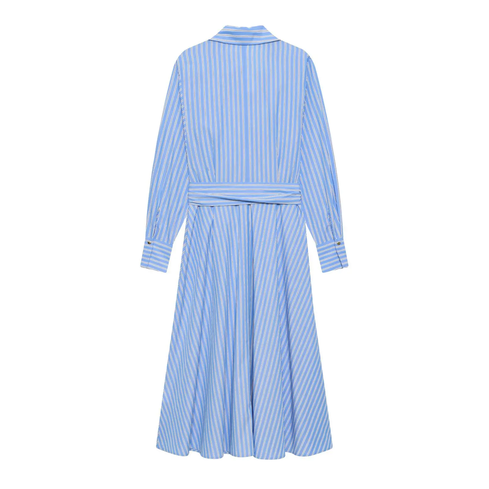 Vestido Versátil y Elegante para Mujer, Estilo Camisa a Rayas, Falda Larga Informal, Cuello de Solapa, Cierre de Botón, con Lazo