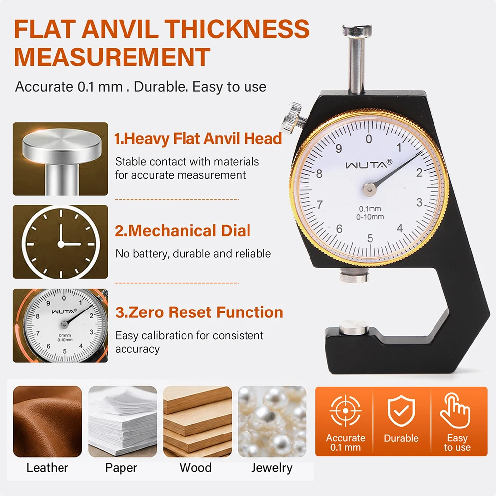 WUTA Dial Thickness Gauge Flat Anvil 0-10mm 0.1mm Precision Leather Portable Gauge Calipers DIY Measuring Tools for Bead Pearl