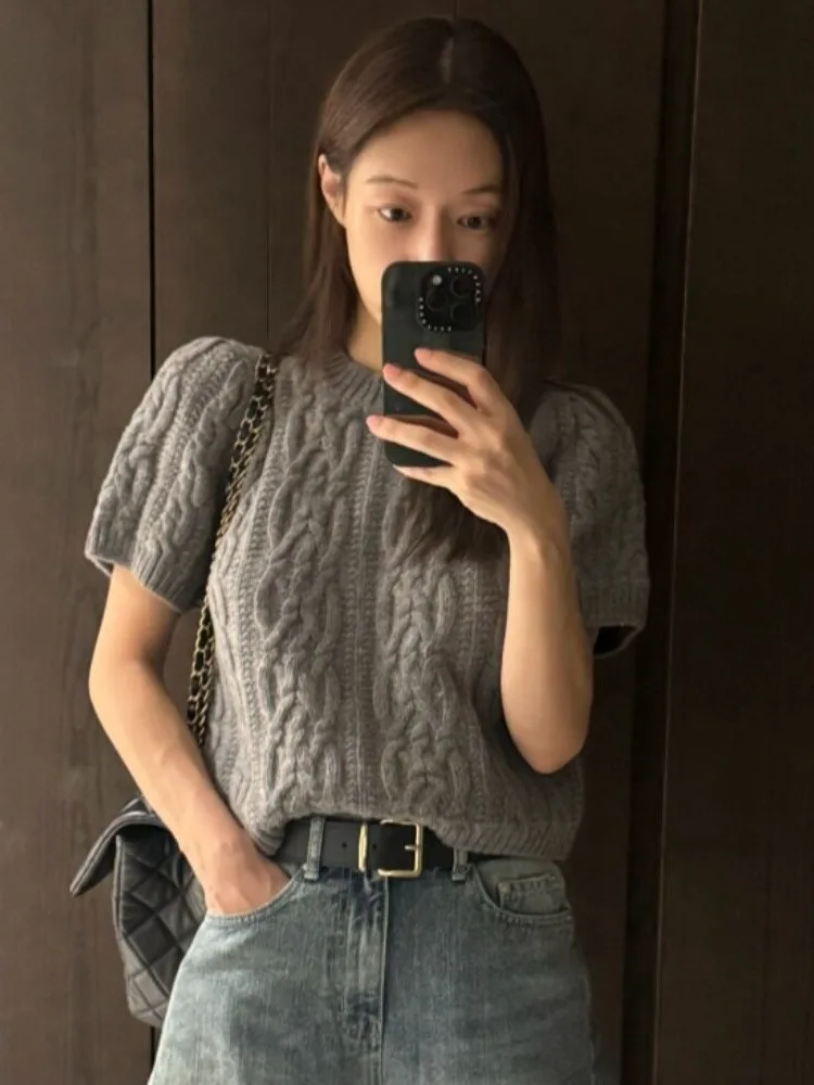 Easy to Wear Early Autumn High Grade Thick Needle Twist Knitwear Short Sleeve Sweater Korean Style Women's Fashion Online Exc...