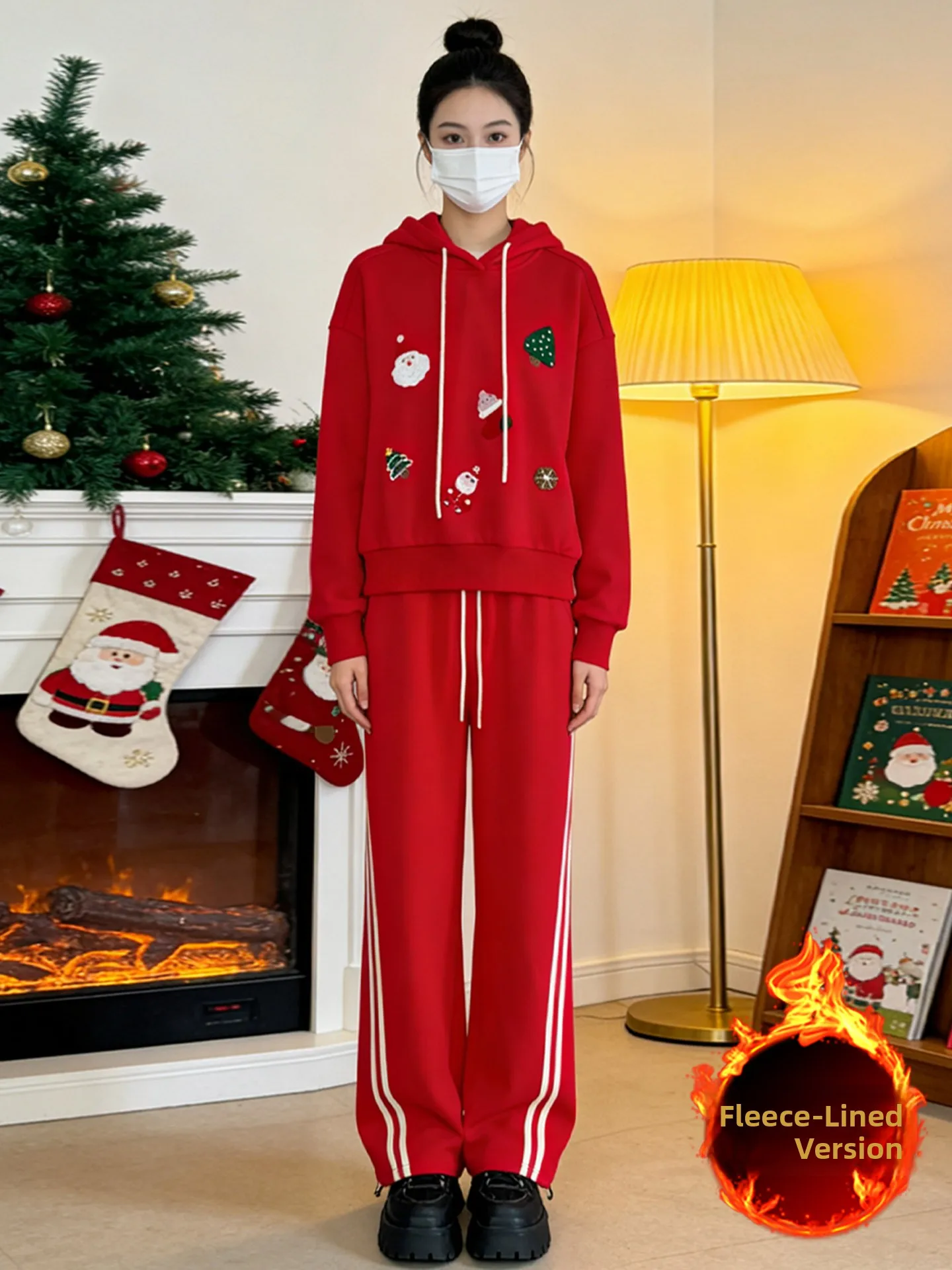 

Christmas Theme Women's Fleece Lined Sportswear Set Red Hoodie And Wide Leg Pants Two Piece Comfortable Casual Outfit