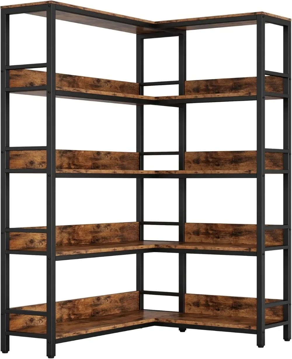 

IRONCK 5 Tiers Corner Bookcases with Baffles Etagere Shelf Storage Rack with Metal Frame for Living Room Home Office