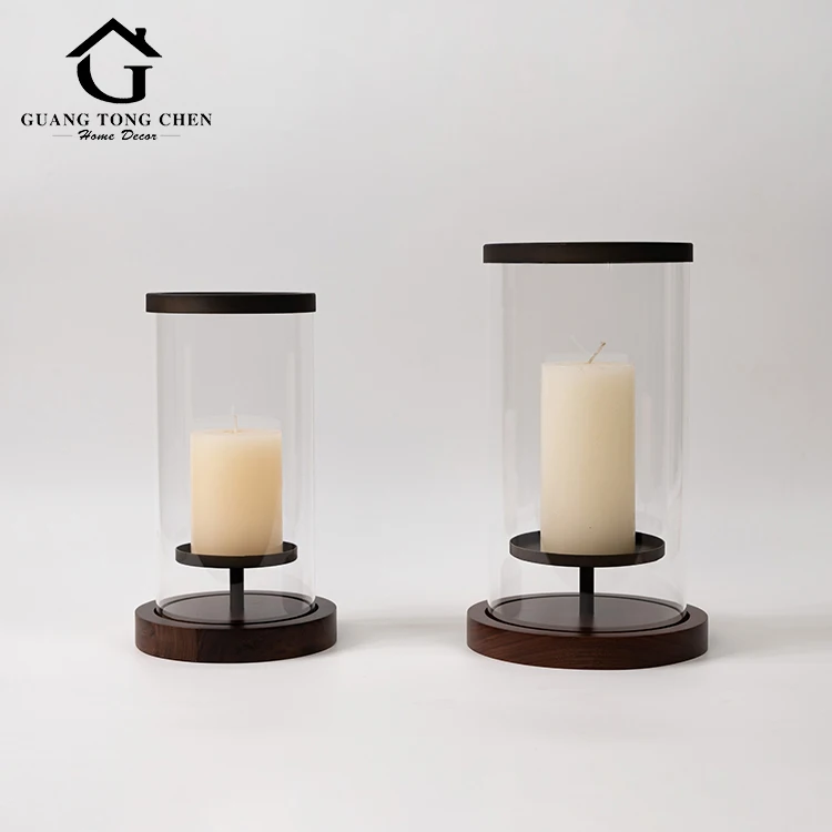 Guangtongchen Interior Home Decoration Candlestick Brown Wood Glass Candle Holder