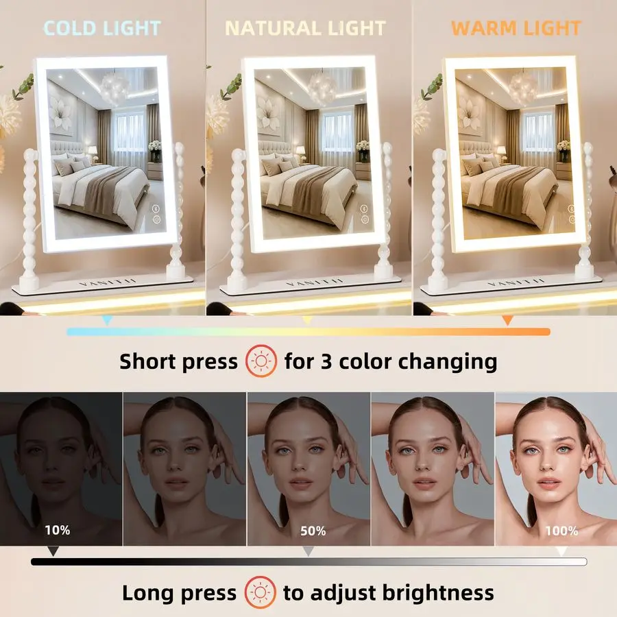 Makeup Mirror with Lights 9x12 Hollywood Mirror with Music Speaker Dimmable 3 Color Lighting Light up Mirror with 10X Magnificat