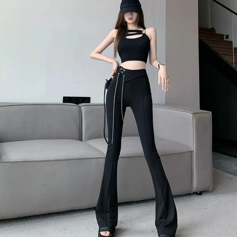 Pantaloni da donna svasati solidi Pantaloni da abito a catena Pantaloni neri lunghi di alta qualità Moda coreana Estetica casual Novità in pantaloni femminili elastici