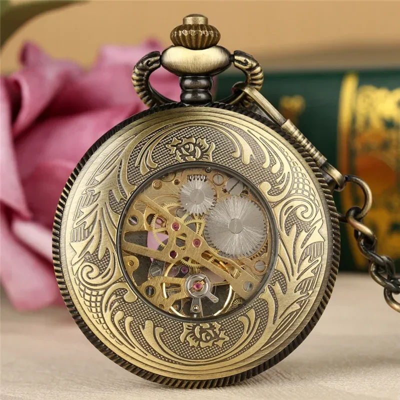 Classic Bronze Hollow Sun Flower Case Design Skeleton Handwind Mechanical Pocket Watch Gift to Men Women Roman Number Dial