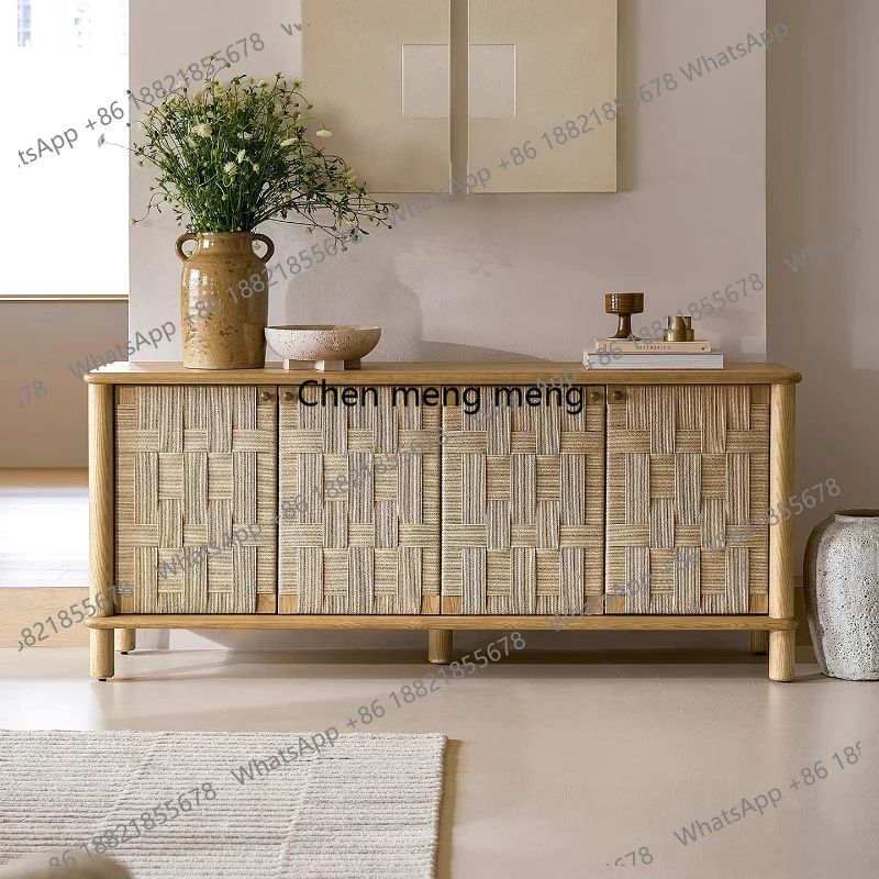 

Retro solid wood dining side paper rope woven storage French living room TV cabinet shoe cabinet entrance