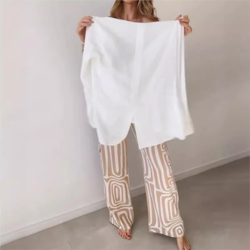 Conjuntos de dos piezas para ir al trabajo a la moda, camisa holgada con botones y solapa para mujer, Tops + Pantalones de pierna ancha, conjunto de oficina para mujer 2025