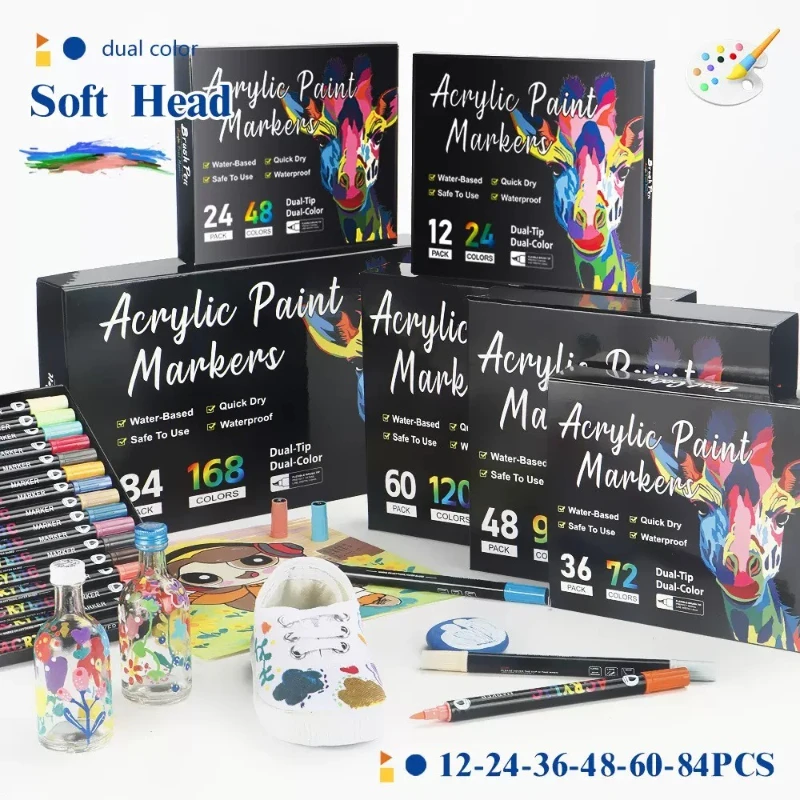 

168/24 Colors Dual Tip Acrylic Markers Washable Non Toxic Kids Art Markers for Paper Glass Drawing School Supplies Stationery
