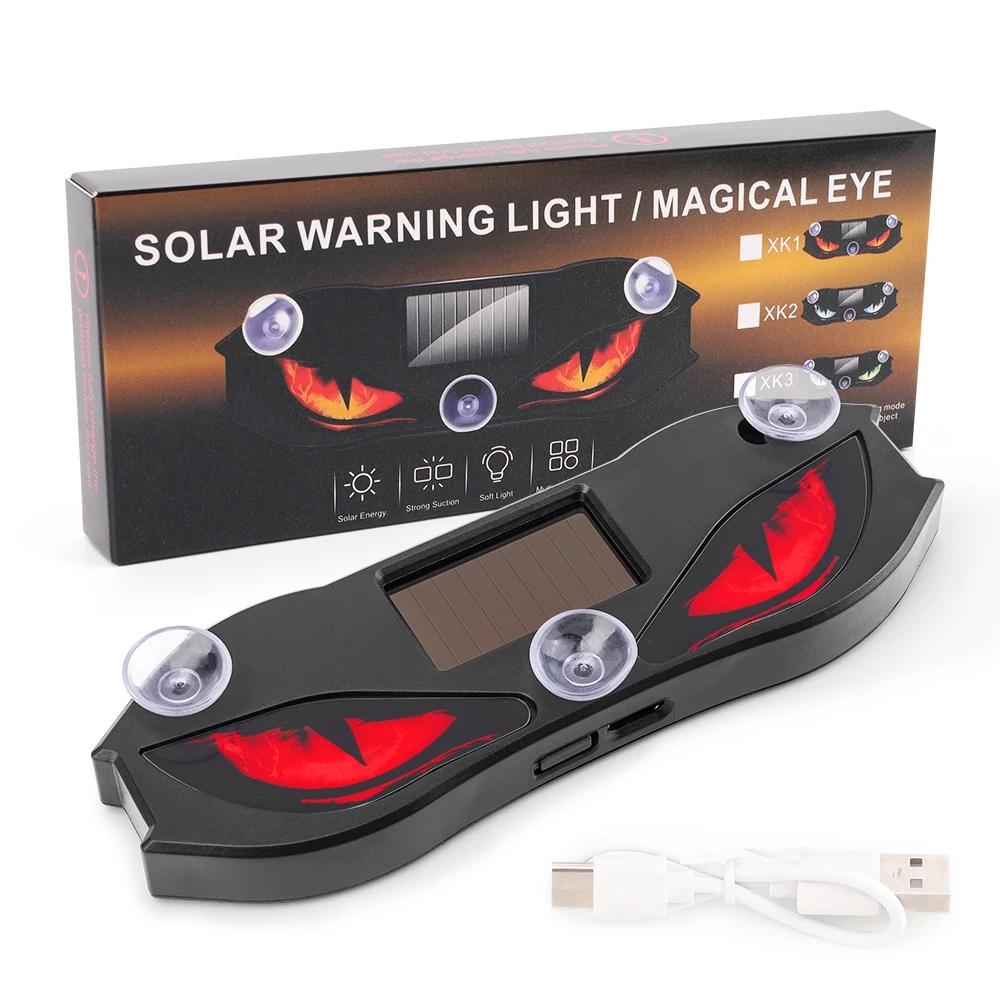 Solar Powered Car Window LED Light Vibration Activated Auto On/Off Devil's Eye Solar Charging Type-C Rechargeable Warning Light