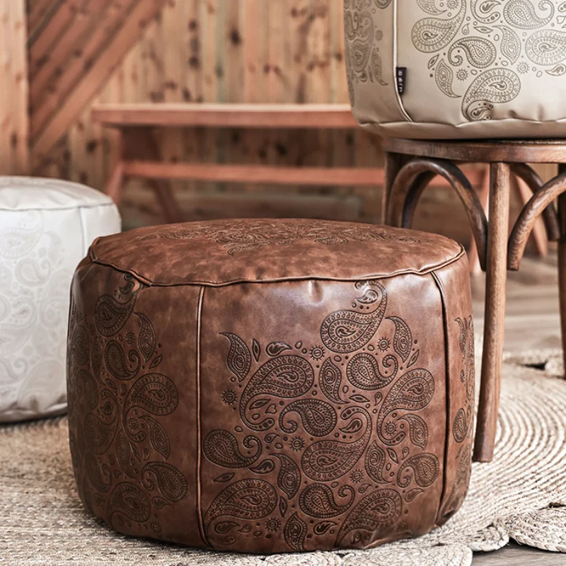 

Vintage Paisley Pattern Round Pouf Ottoman Faux Leather Footrest for Living Room Bedroom Boho Decorative Floor Seat