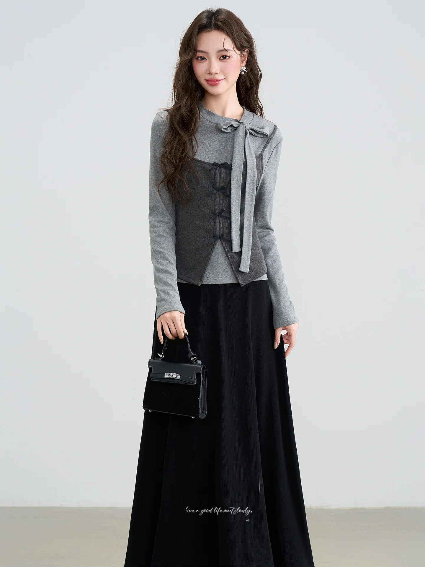 

Стильный корейский комплект из топа с узлом и юбки для женщин, осенне-зимний модный костюм с высокой талией, однотонный, повседневный стиль