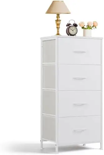 

4-Drawer Nightstand with Fabric Bins, Wood Top & Steel Frame – White