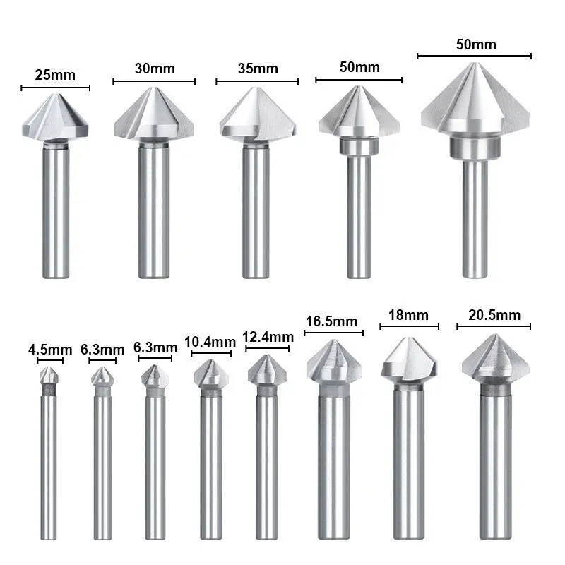 CMCP 90 Derajat Pemotong Chamfering 4.5-50Mm Mata Bor Countersink 3 Seruling Kecepatan Tinggi Baja Kayu Logam Alat Bor Lubang