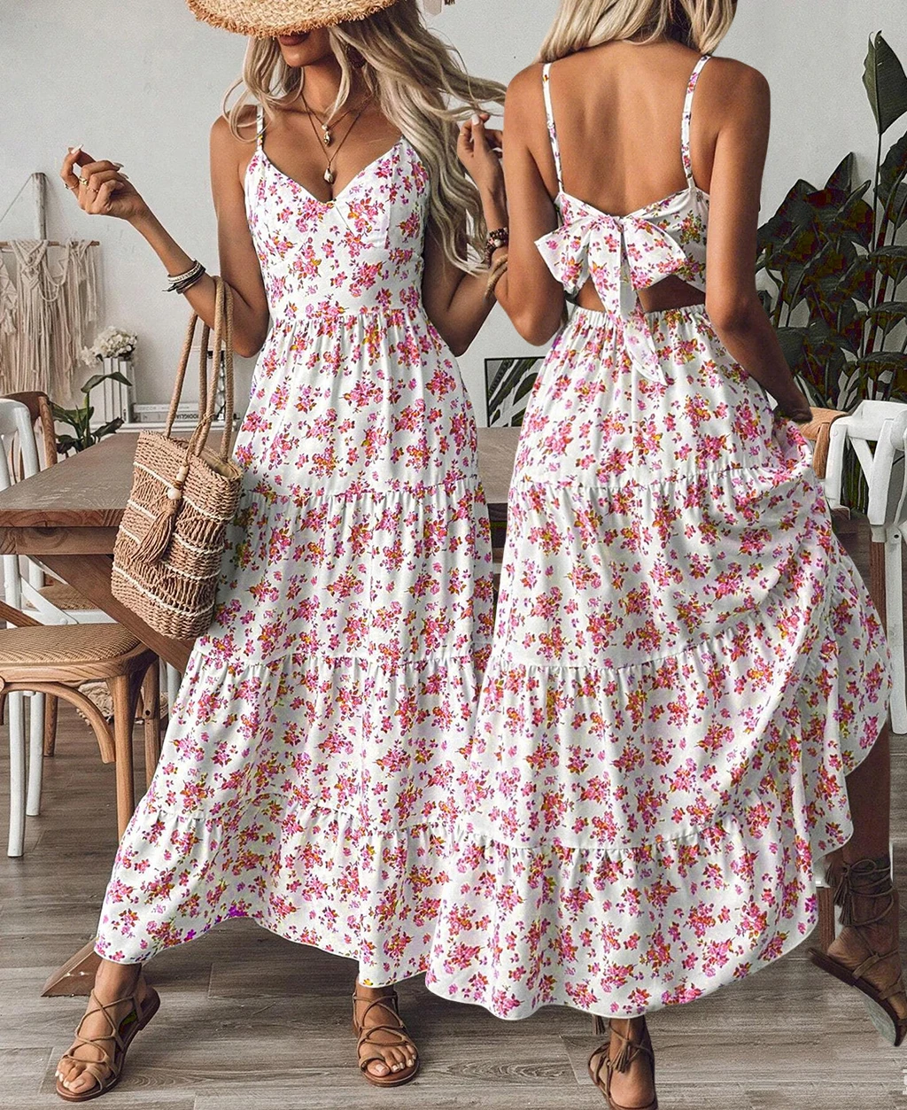 Bohemian Vacation Style V-Neck Halter Dress, European Style Blue & White Printed Backless Tie Design Flowy Maxi Dress