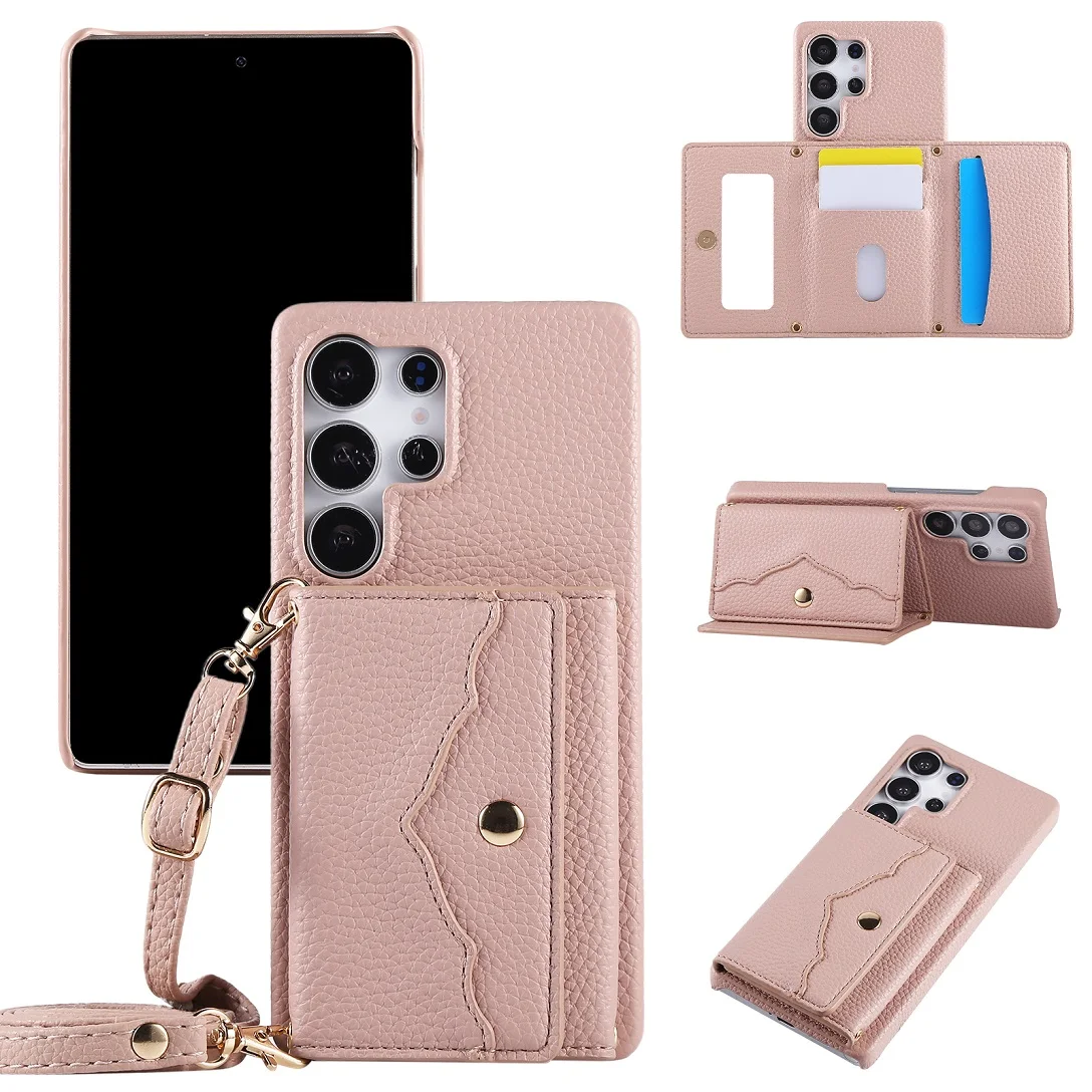 

Luxury Shoulder Leather Card Slot Wallet Case For Samsung Galaxy S25 Ultra S24FE S23 Plus S22 A55 A15 A35 A25 Mirror Phone Cover