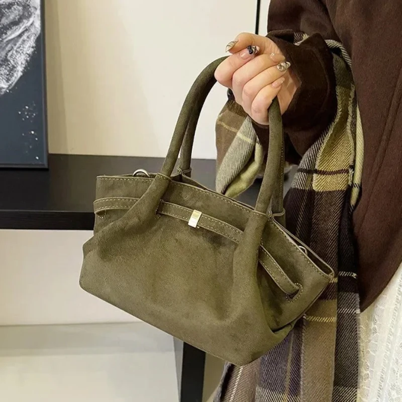

Fall Winter Women's Faux Suede Tote Shoulder Bags Large Capacity Belt Design Handle Crossbody Bag Vintage Female Purse for Work