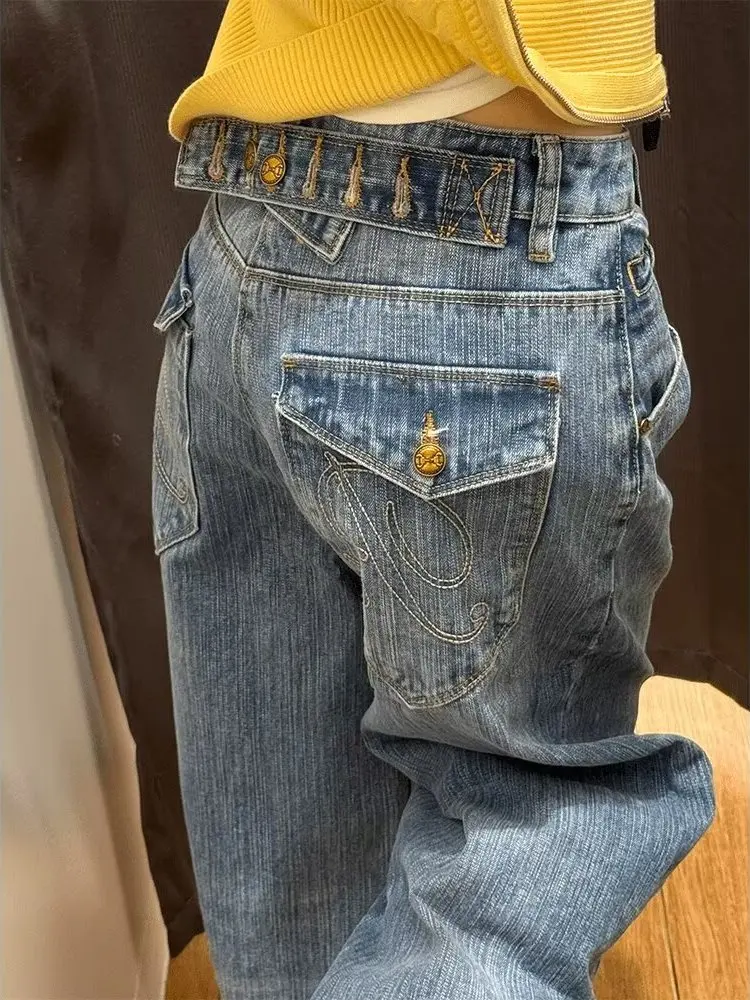 Retro American Paris Buckle Design Denim Jeans Women's Loose Wide Leg Long Pants Blue Color Trendy Ladies Casual Trousers