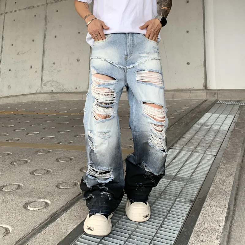 

2025 Trendy Loose Destruction Jeans Men's Street Handsome Men's Clothing Nostalgic Scratch Retro Fashion Floor Pants