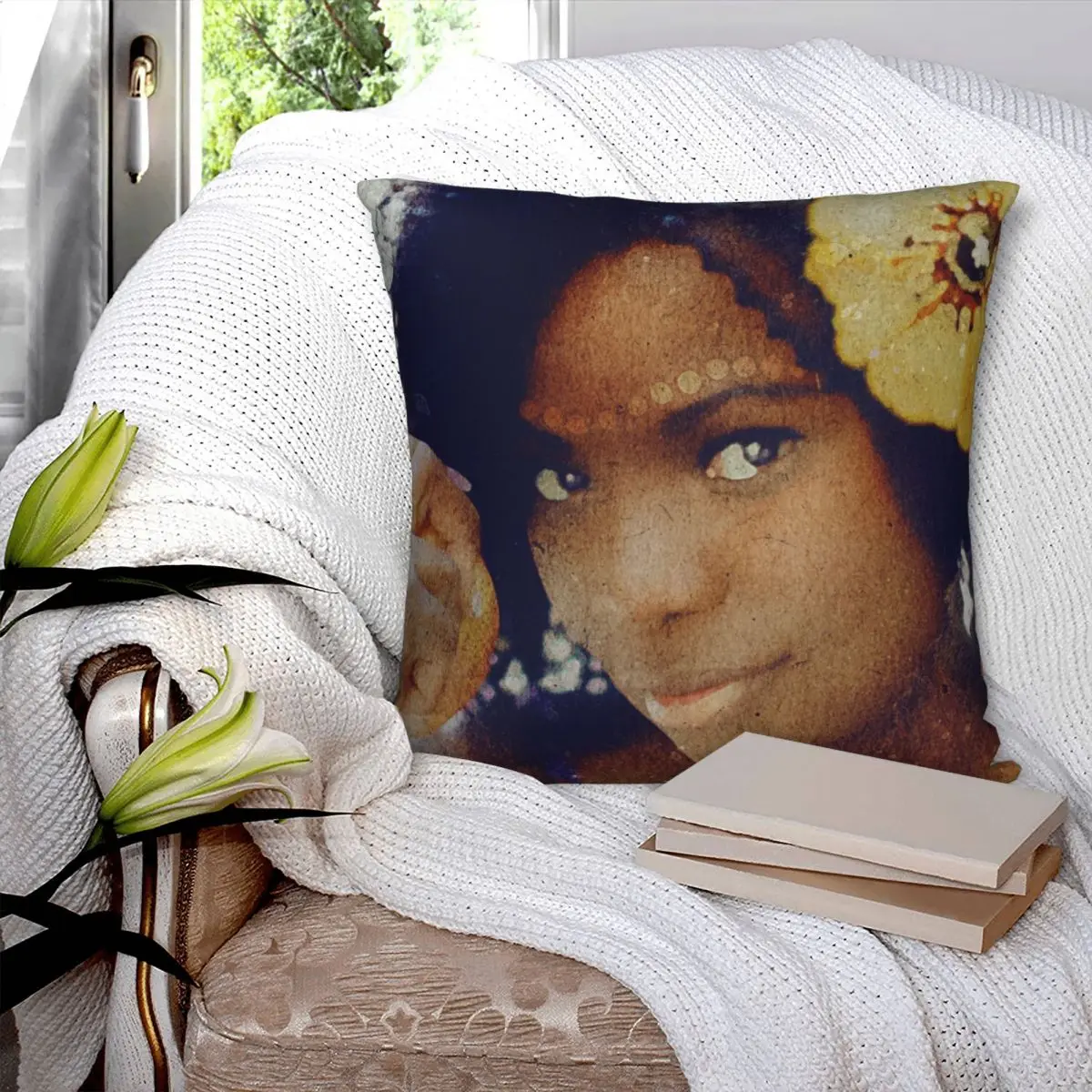 Smiling African Woman With Flower Square Pillowcase Polyester Pillow Cover Velvet Cushion Zip Decorative Comfort Throw Pillow