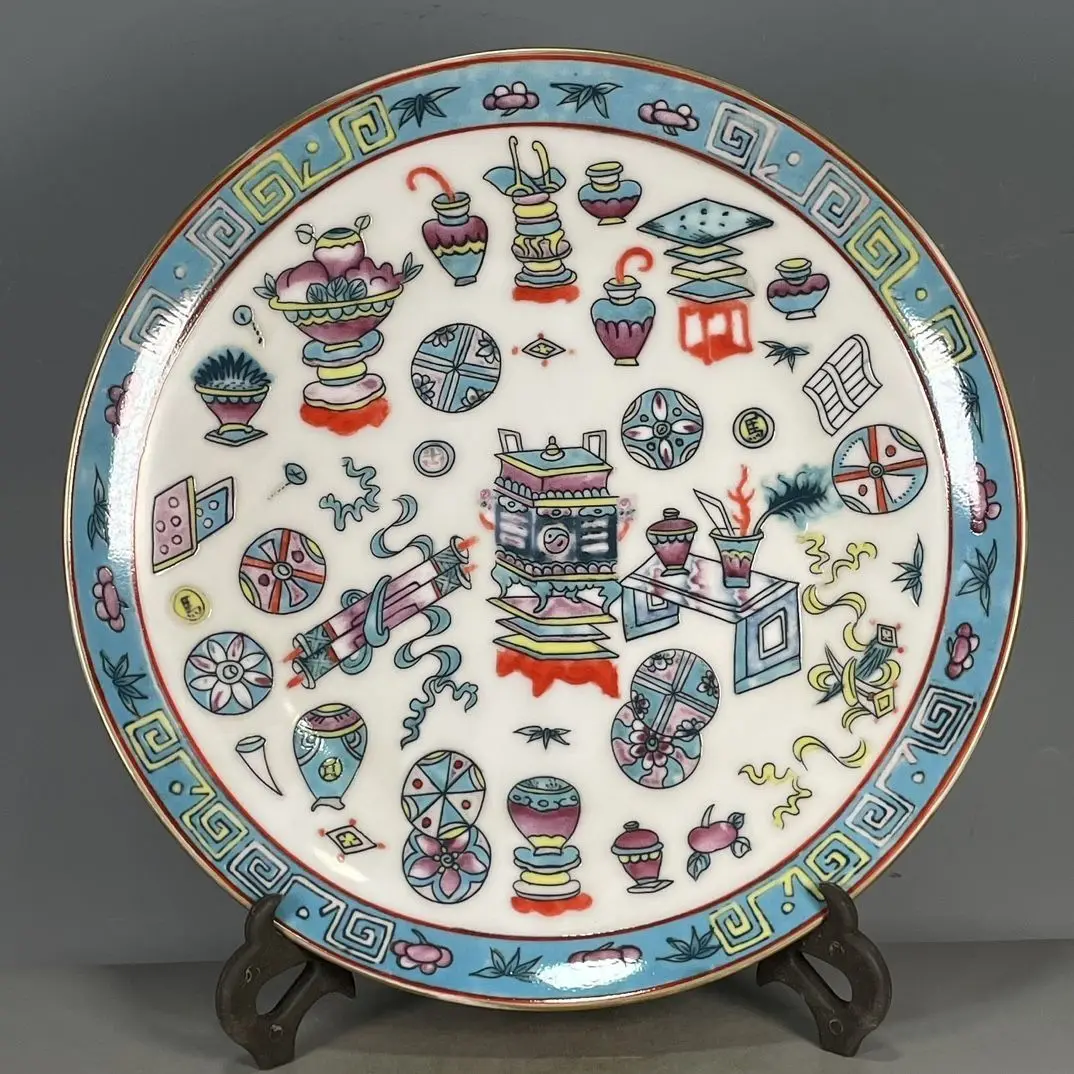 Chinese Wenwan Porcelain Appreciation Plate, Imitation Qianlong Mark Wucai Antique Curio Pattern Decorative Dish