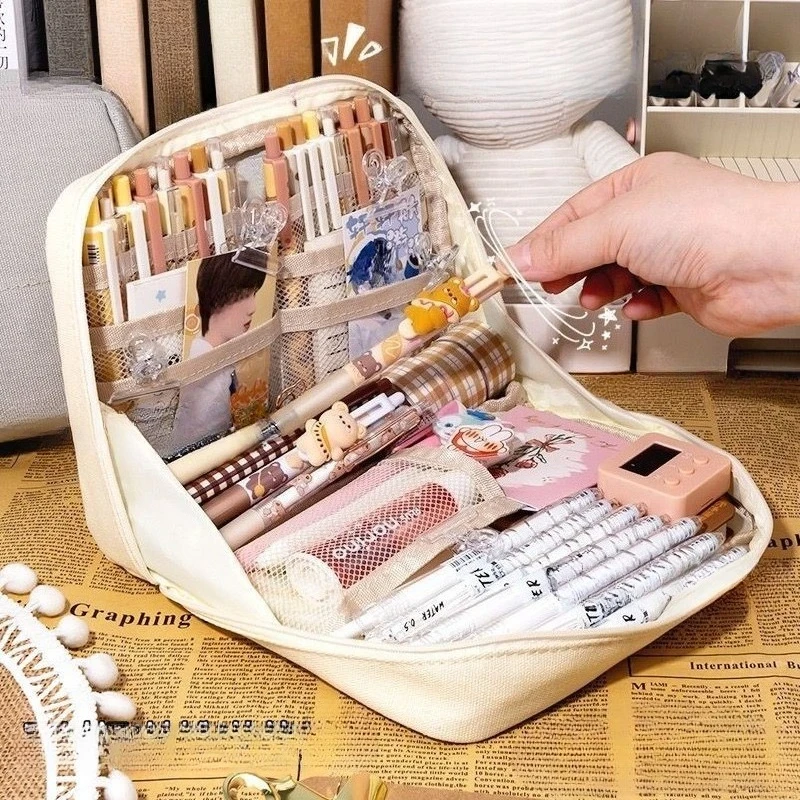 Simple 90°open Pencil Case with Large Capacity Multi-layer Classification Storage Waterproof and Wear-resistant Stationery Bag
