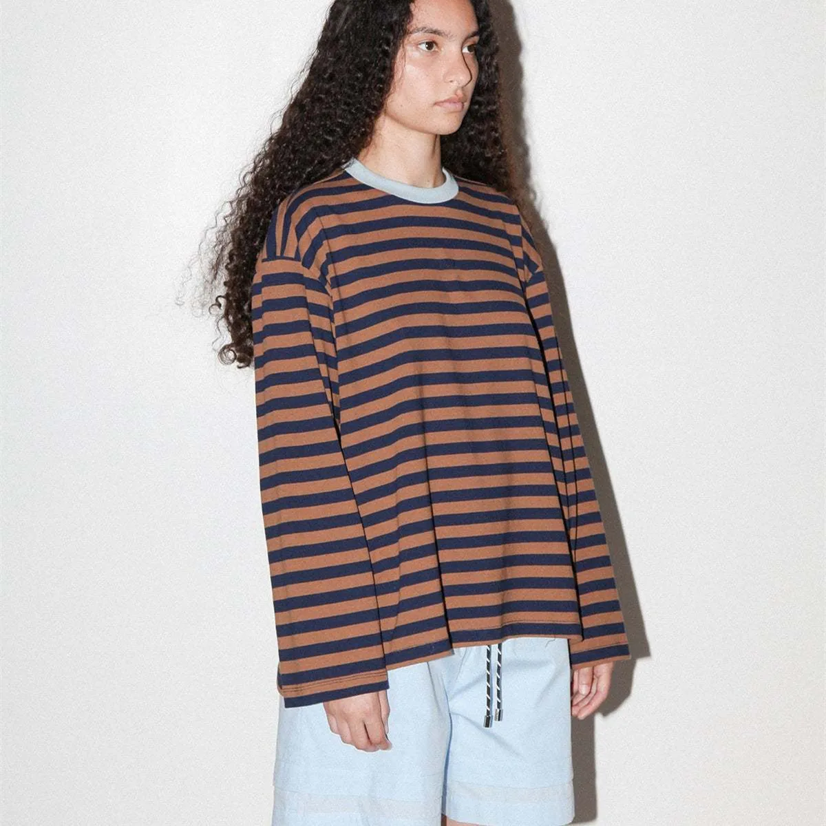 Imcute المرأة الخريف تي شيرت مخطط فضفاضة تناسب عادية أنيق التباين تقليم طاقم الرقبة طويلة الأكمام الأساسية القمم موضة الشارع الشهير