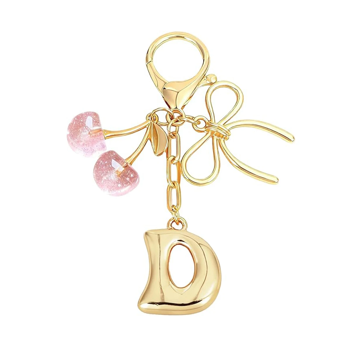 Gold Letter Bubble Initial Keychain with Bow & Cherry, Cute Handbag Accessory