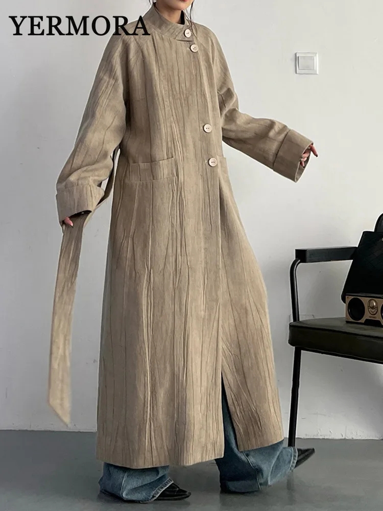 YERMORA Khaki Belted Big Size Trench Women New Stand Collar Long Sleeve Loose Fit Windbreaker Fashion Spring Autumn 2024 