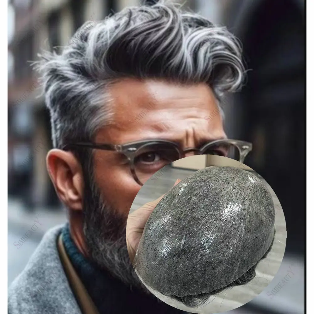 1B65 1B80 Grey Old Human Hair Wigs Durable Strong Silicon PU Base Men Toupee Prosthesis Natural Hairline Capillary Hairpieces