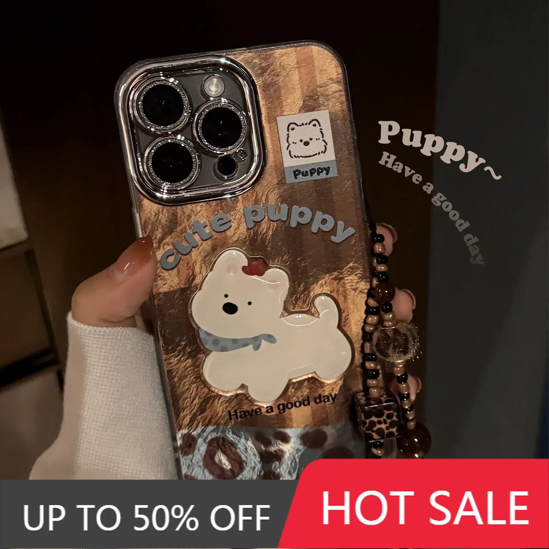 Trendy metal texture mobile phone case, cute dog pattern helps iPhone mobile phone fashion upgrade iphone case for 16 15 14 13