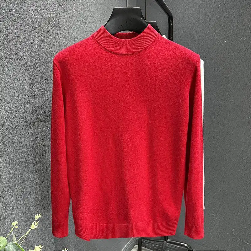 

Red Knitted Sweater Autumn Winter Sle f High Collar Base irt Slim Fit Men's Casual Wear Polyester Fiber Warmth Heating