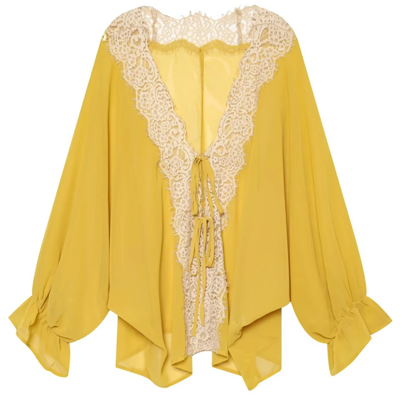 HXAO Ties Lace Up Women's Blouse Long Sleeve Yellow Chiffon Blouse Woman Patchwork Oversized Blouses Summer Sexy Sheer Blouses