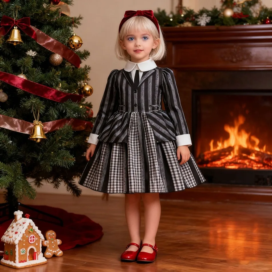 Girls Black Striped Fluffy Dress for Kids Girls Dress Up Gothic Halloween Costume Dress Up Party Children Disguise Apparel ASQ03
