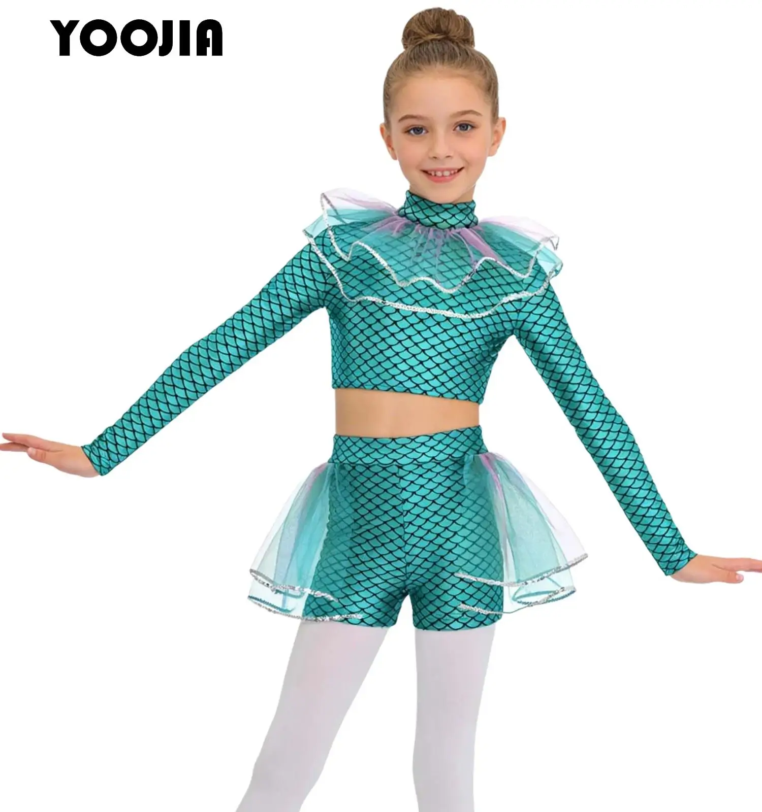 Kids Girls Long Sleeve Mermaid Fish Scales Print Mesh Sequins Crop Top And Shorts Set Carnival Halloween Mermaid Cosplay Costume