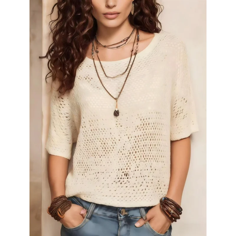 Women's Short-Sleeved Beach Cover-Up Top - Lightweight Mesh Blouse with Open Hang Neck Collar, Ruffled Edges