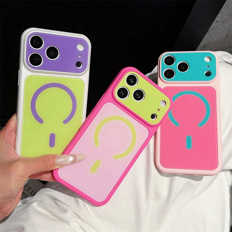 Coque magnétique brillante antichoc 2-en-1 avec contraste de couleurs tendance pour iPhone 17 16 15 14 13 Pro Max, protection d'appareil photo en cristal PC Dopamine