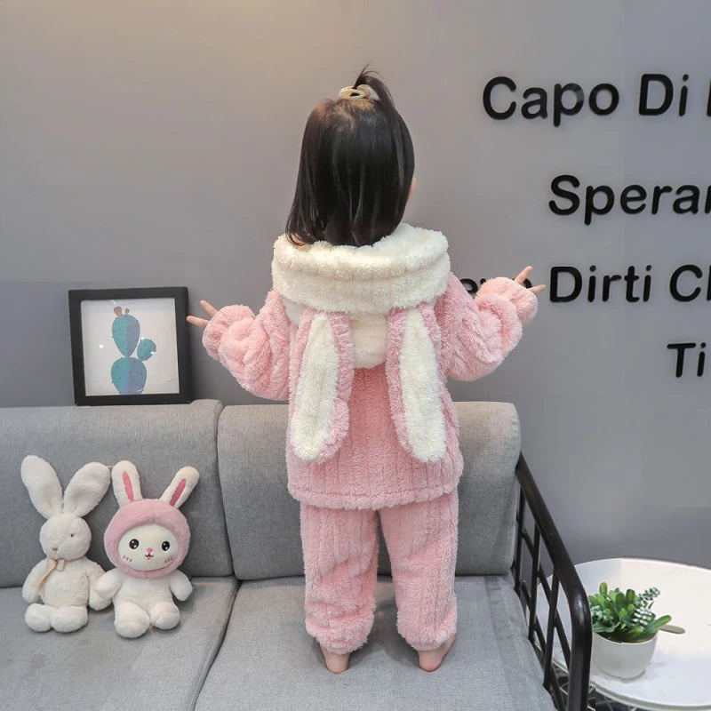 Autumn Winter Baby Girls Clothing Sets Cute Rabbit Ears Hooded Plush Coat + Pants 2Pcs Outfits Kids Pyjamas Suit 2 3 4 5 6 Years