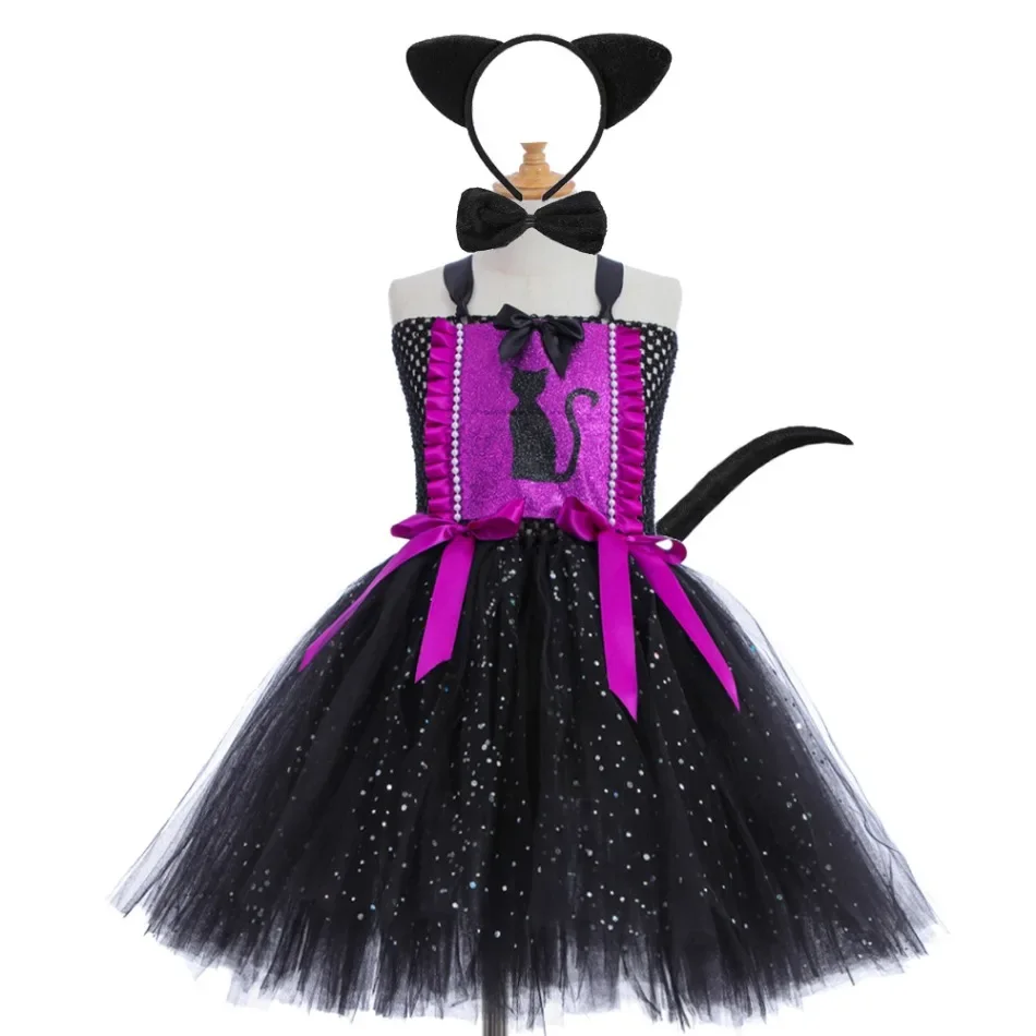 

Блестящий костюм черного кота для девочек, карнавальный костюм на день рождения, нарядное фатиновое платье-пачка для маленьких детей, костюмы животных и котят на Хэллоуин