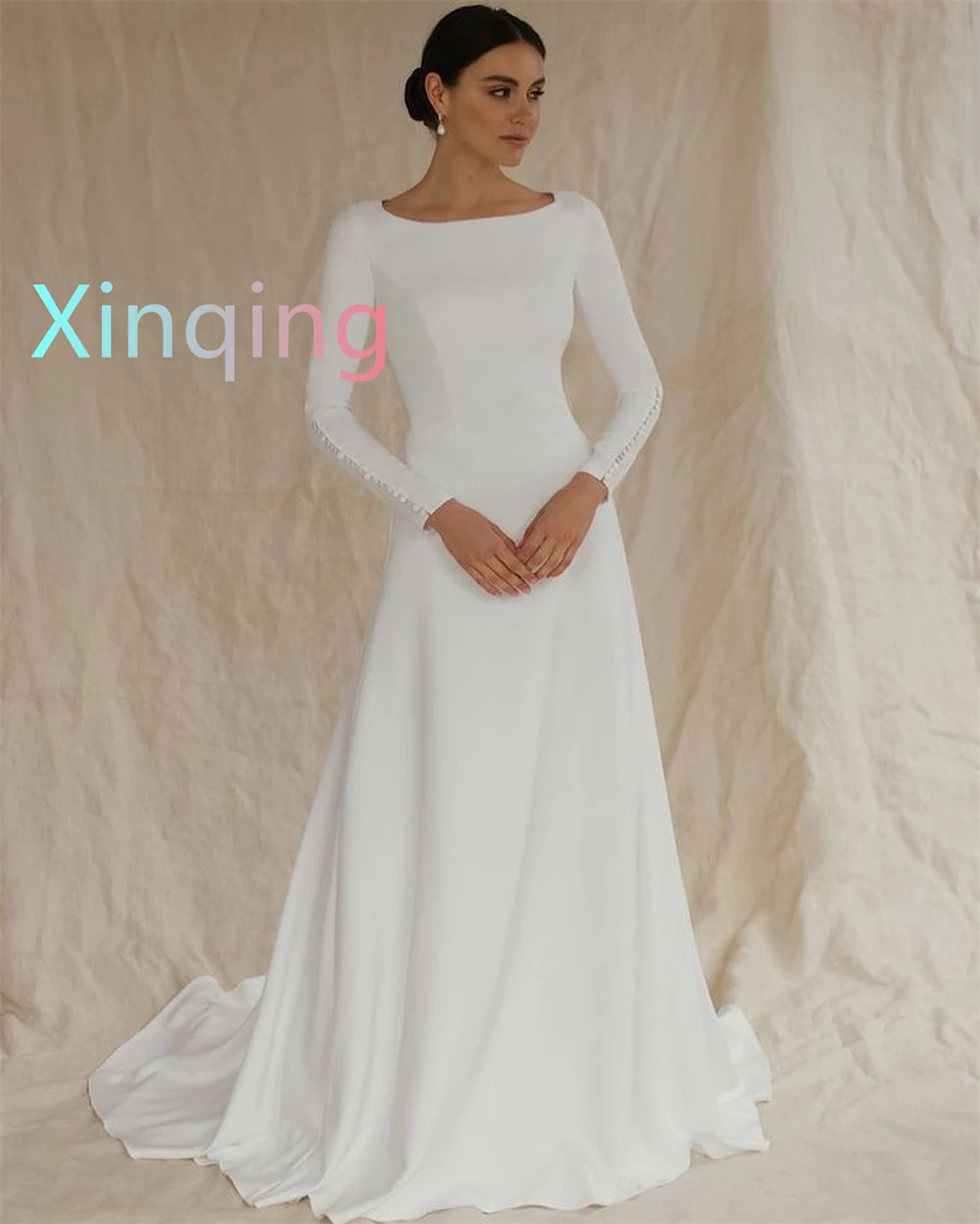 맞춤형 꿈꾸는 흰색 웨딩 드레스 고품질 긴 소매 공식 드레스 클래식 미디 드레스 2025 여성을위한 신부 가운