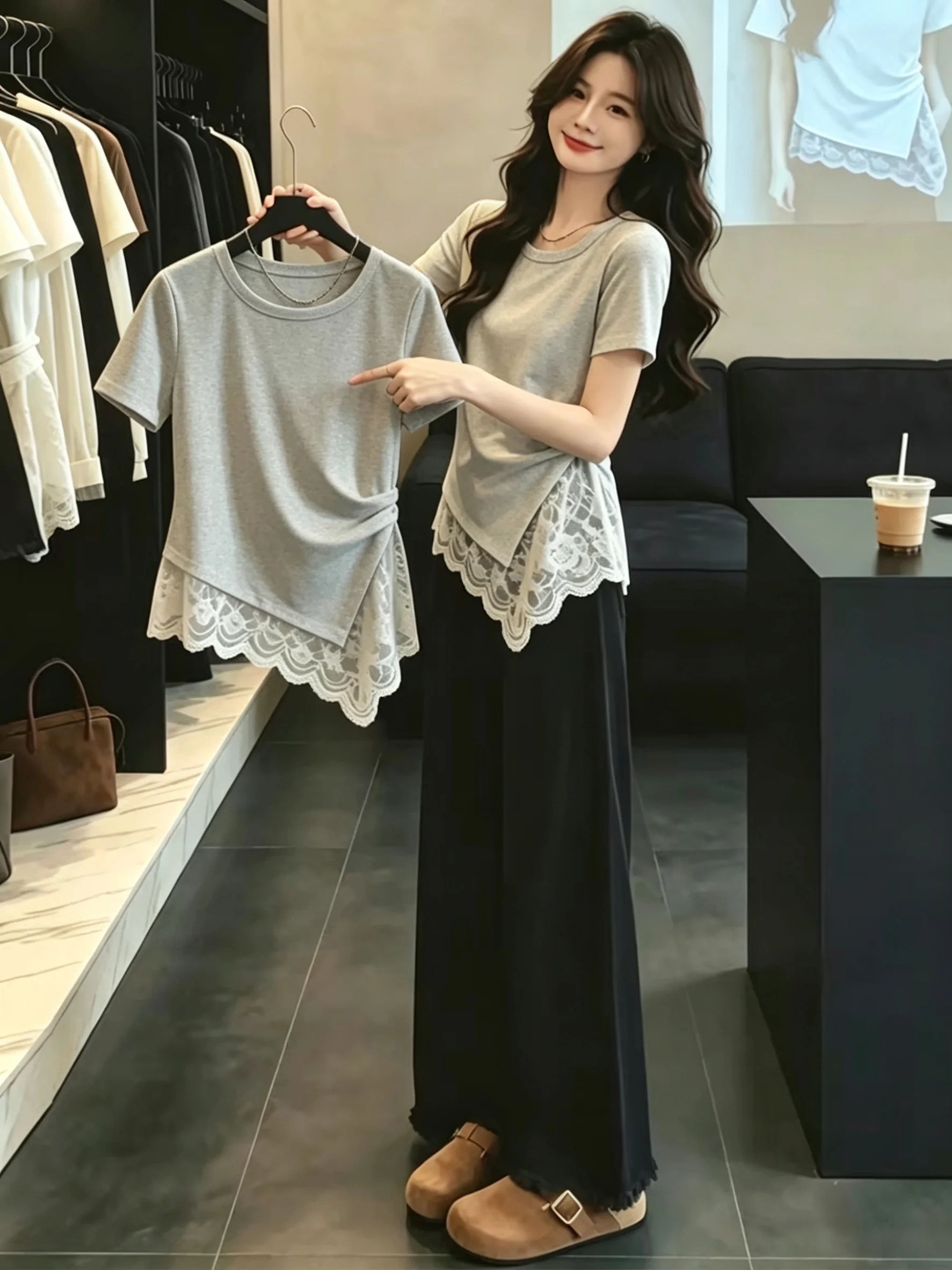 Summer Short Sleeve T-Shirt Women's Lace Splicing Slim Fit Shoulder Appropriate Cotton 95% Elastic Fiber Casual Top