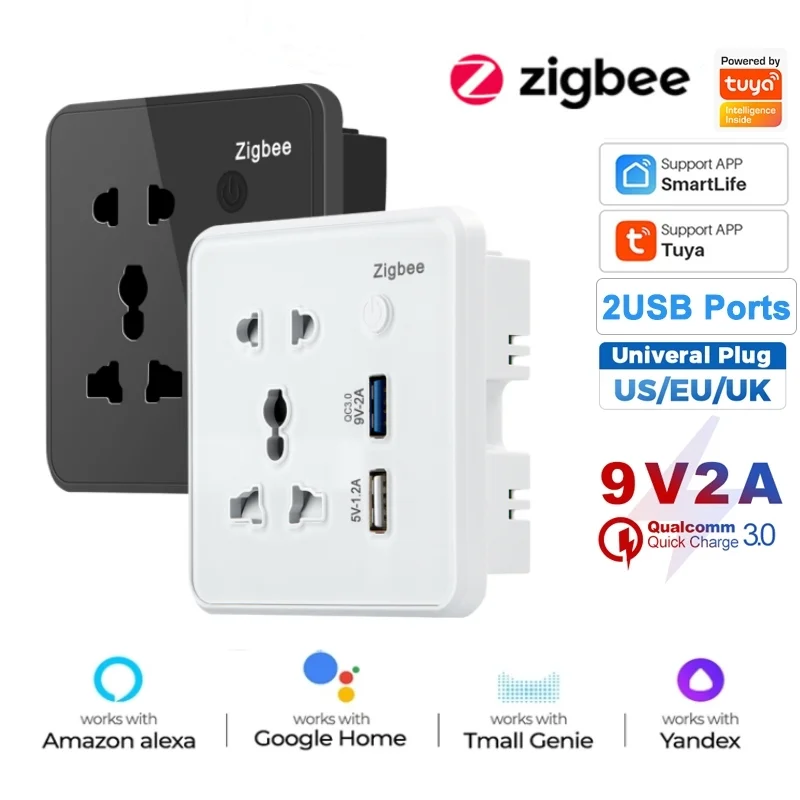 EU UK US Universal Plug Tuya ZigBee Smart Socket Quick Charge 3.0 USB Port Wall Glass Power Outlet Smart Life for Alexa Google