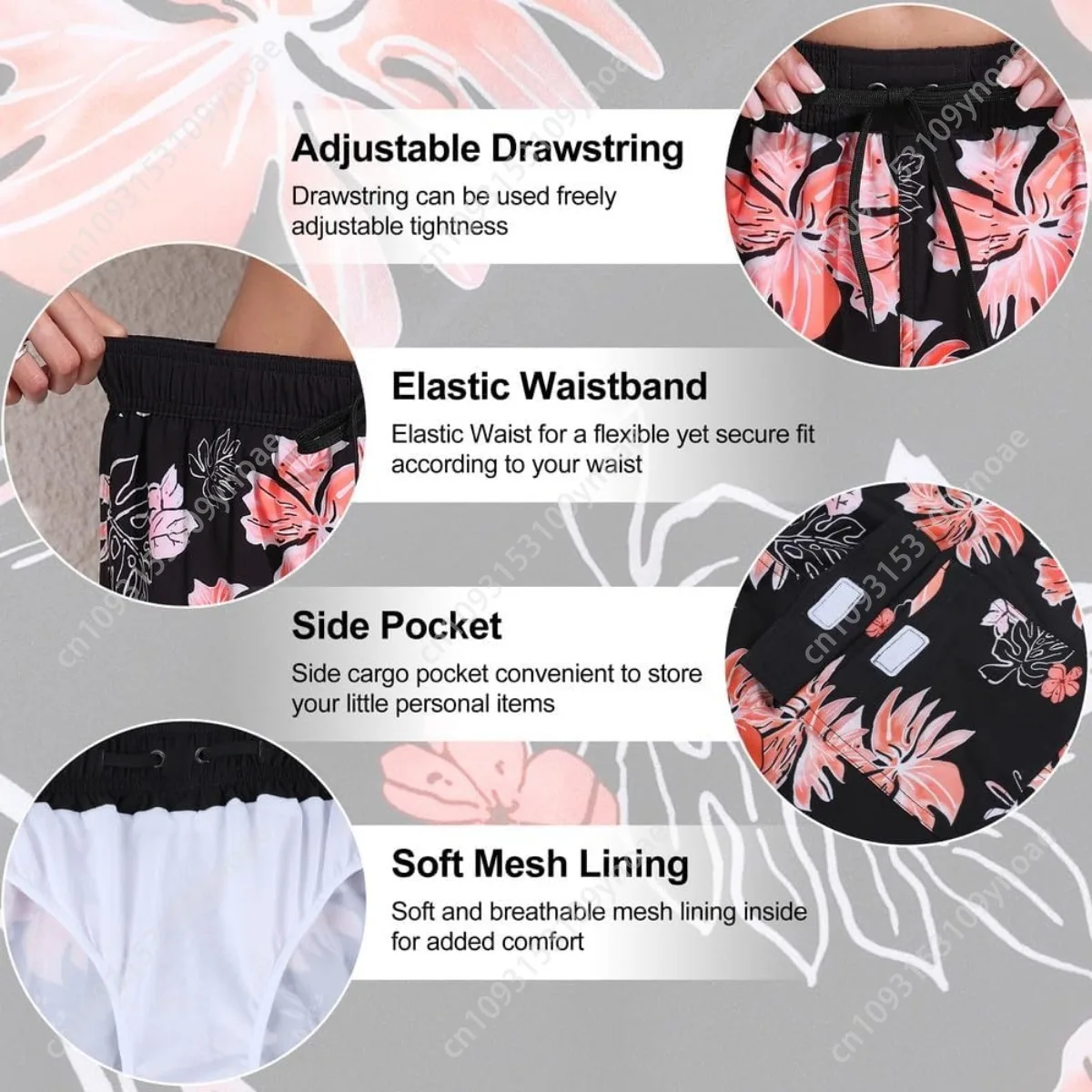 Vintage Floral Print Women Quick Dry Surf Shorts Solid Stretch Swim Scanties Retro Lace Up Bathing Suit Panties with Pockets