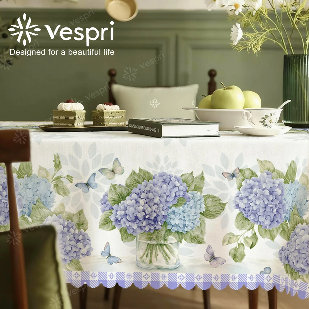 Vespri Frühlings-Blumen-Tischdecke Weiß-Lila Hortensie Schmetterling Blatt Rund Rechteckig Oval Ostern Pastell Polyester für Partys