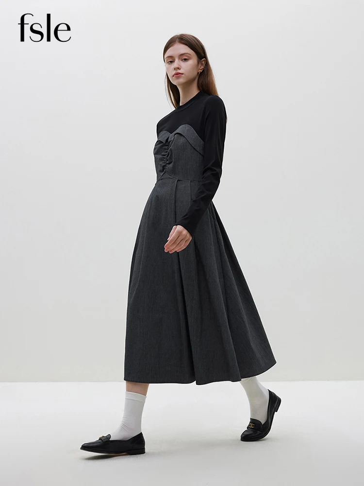 

FSLE French Fake Two Piece Dress Women's 2023 Winter 2023 New Design Feel Spliced Dress High Waist Grey Women Dress