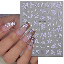 5D Embossed Nail Art Decals Semi-transparent Purple Petals Flowers Adhesive Sliders Nails Stickers Decorations For Manicure