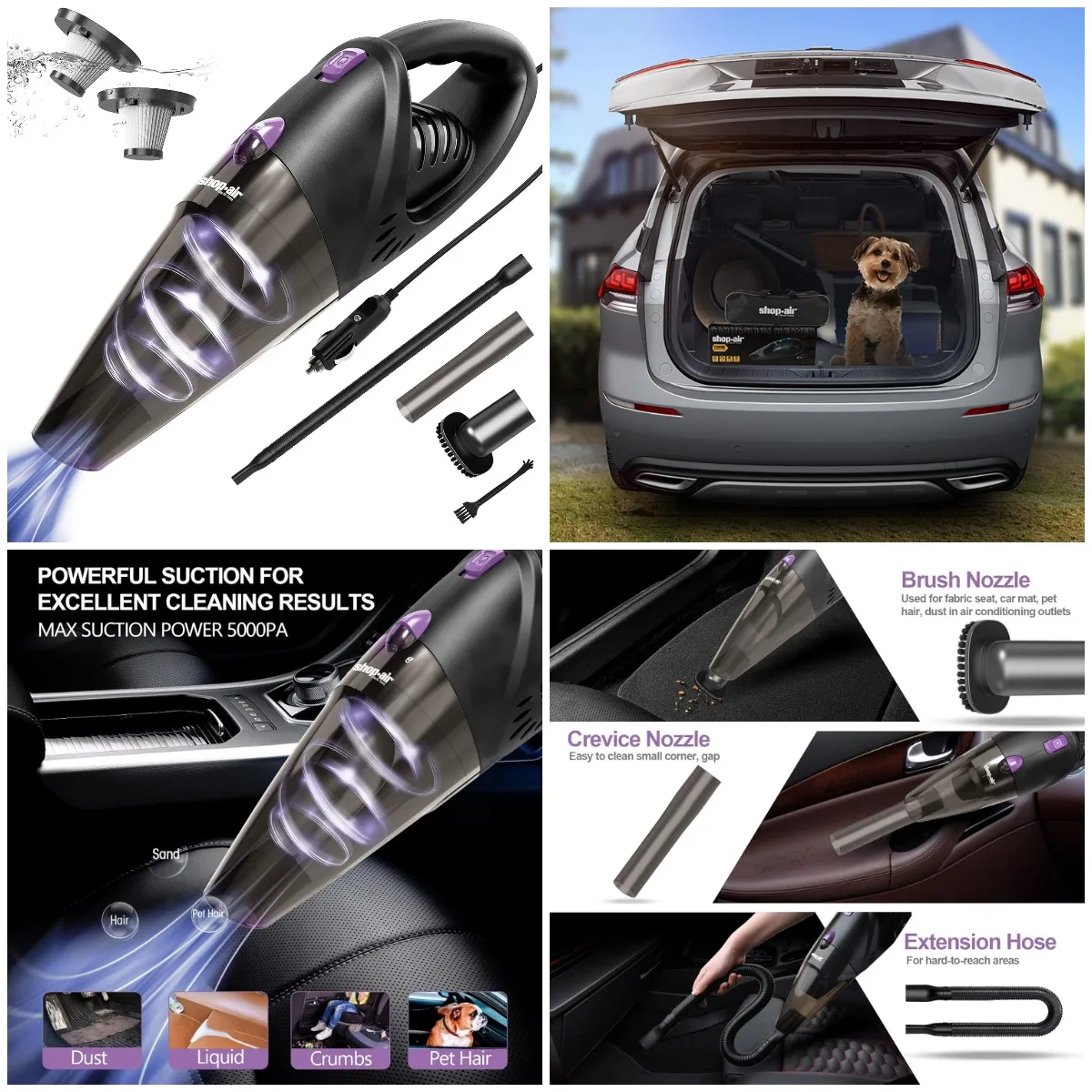

Car Vacuum Cleaner 12V 106W Portable with 16ft Cord, Attachments, Filters, Storage Bag - Purple Button