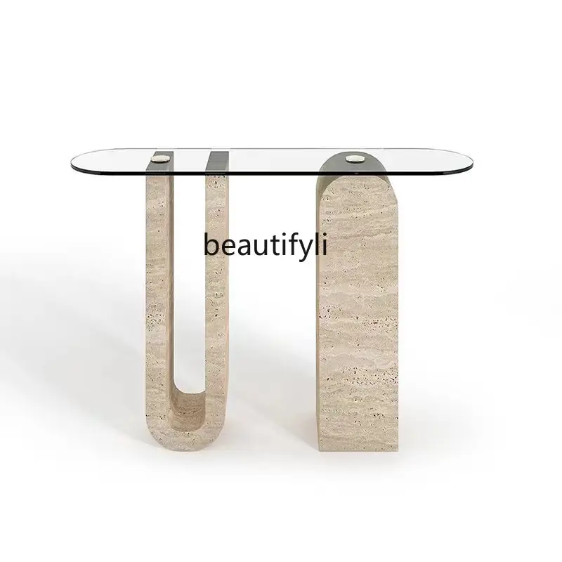 Italian entrance table designer, model house natural marble large apartment light luxury entrance table