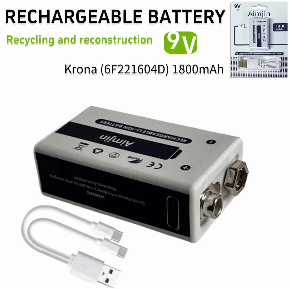 Crown rechargeable 9v6f22 rechargeable battery with a capacity of 1800mAh, Crown battery and micro USB cable.