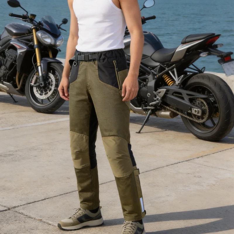 VND Summer Mesh Motorcycle Pants Built-in CE2 Knee Hip Armor Breathable Anti-Fall Riding Trousers Black/Olive Green M-5XL 1PC