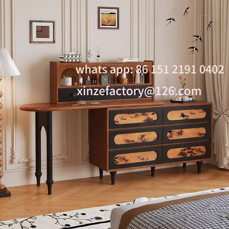 

Customizable Pre-Style Bedroom Minimalist Ash Solid Wood Vanity with Chest of Drawers Retractable Makeup Table